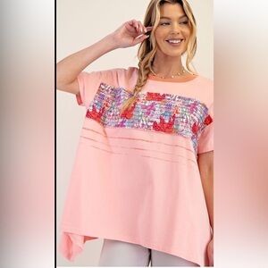 871 ❤️ EASEL CORAL PINK MIX MINERAL WASHED TUNIC